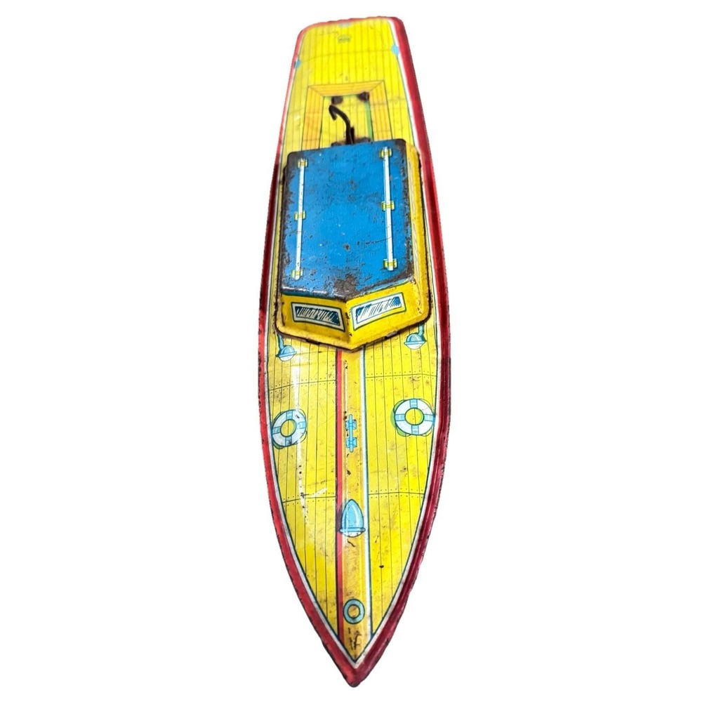 Vintage J Chein tin litho Mechanical Boat, wind up cabin cruiser, 1950's,